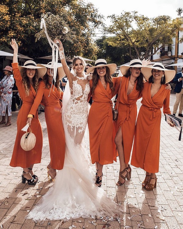 Boho dusty orange short fall bridesmaid dresses