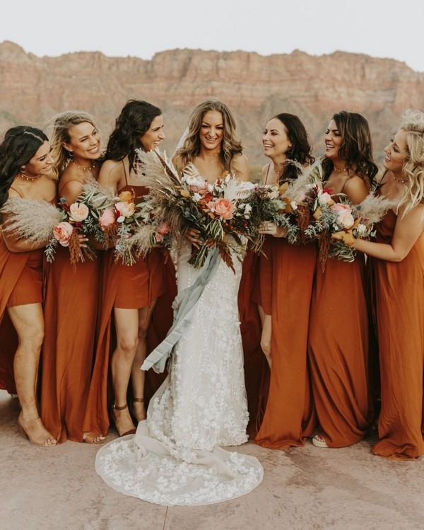 Dusty orange boho fall bridesmaid dresses 