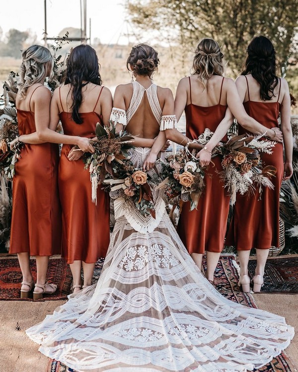 Dusty orange boho fall bridesmaid dresses 