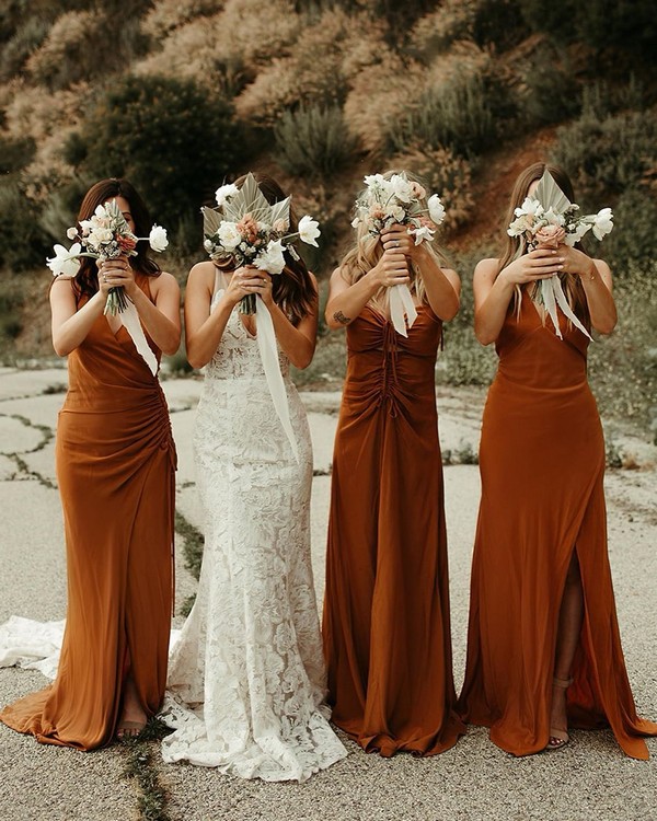 Dusty orange vintage fall bridesmaid dresses