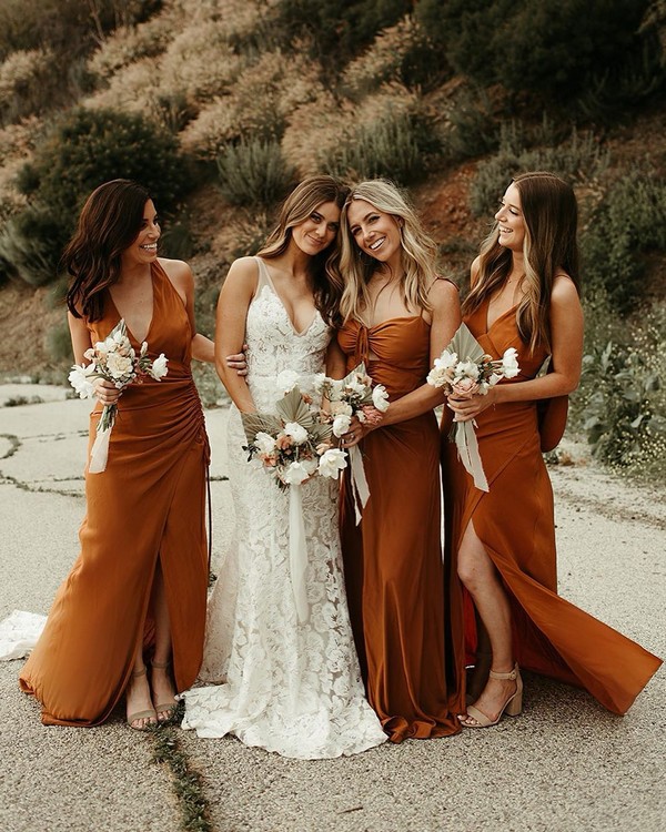 Dusty orange vintage fall bridesmaid dresses 