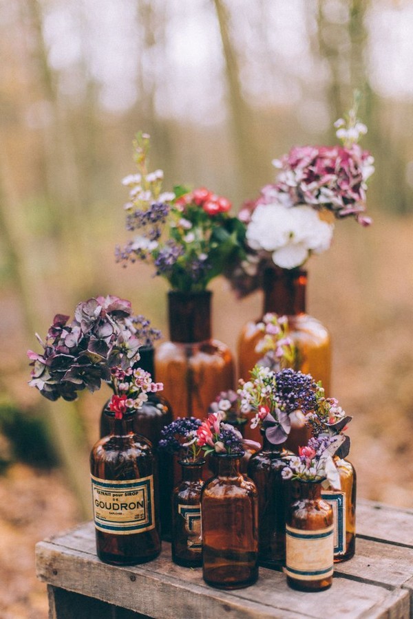 Glass Bottles & Flowers Wedding Decor