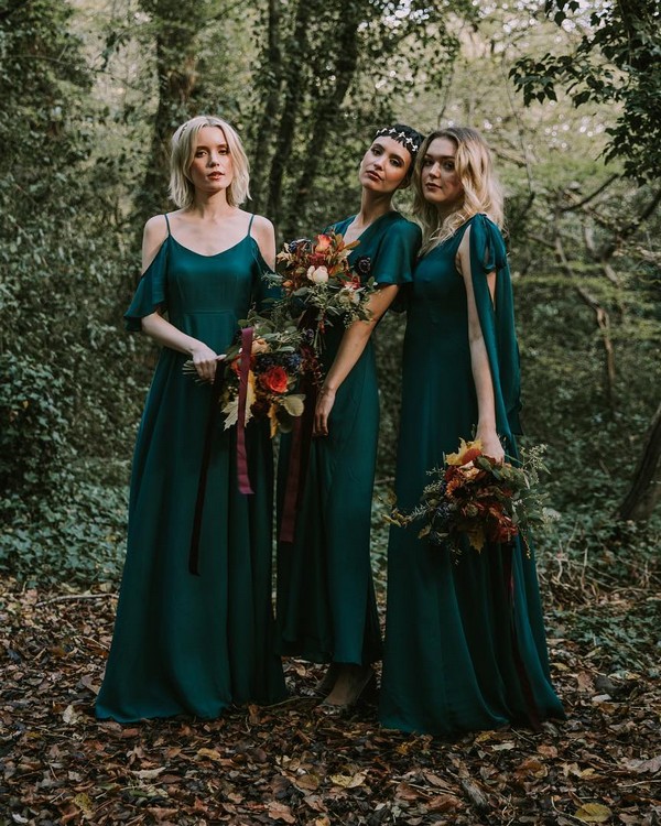 Mix and matched emerald bridesmaid dresses 