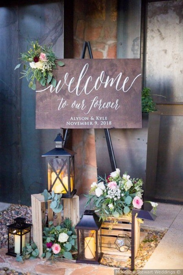 Welcome to our forever wedding sign and lantern and floral decor