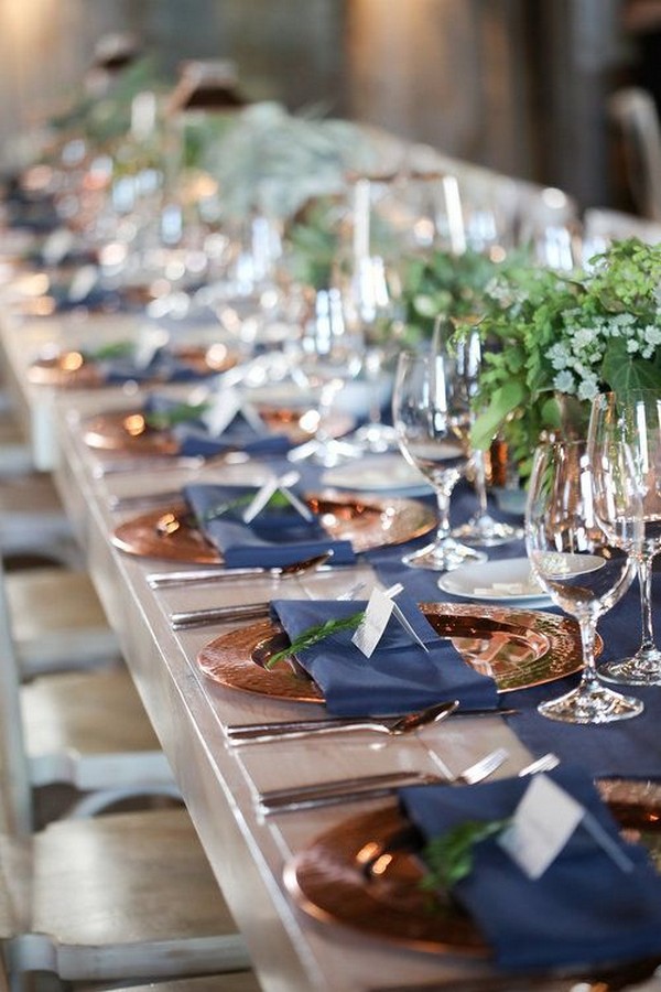 copper navy and greenery wedding table decor ideas