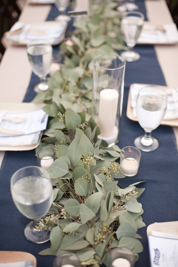 navy and greenery eucalyptus wedding table runner