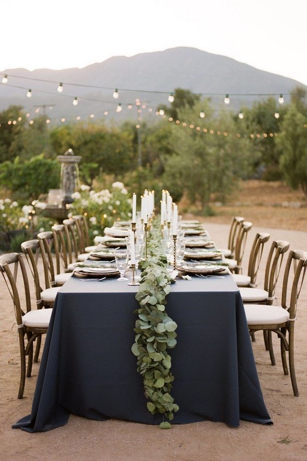rustic outdoor navy and greenery wedding table decor idea