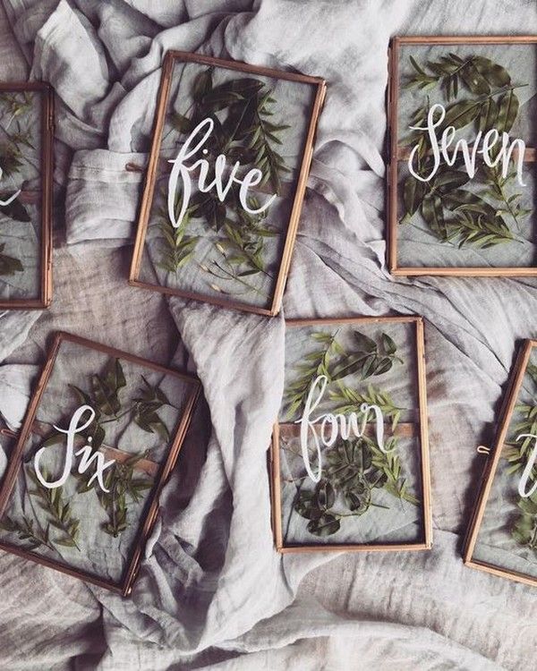 vintage frame wedding table numbers with pressed greenery