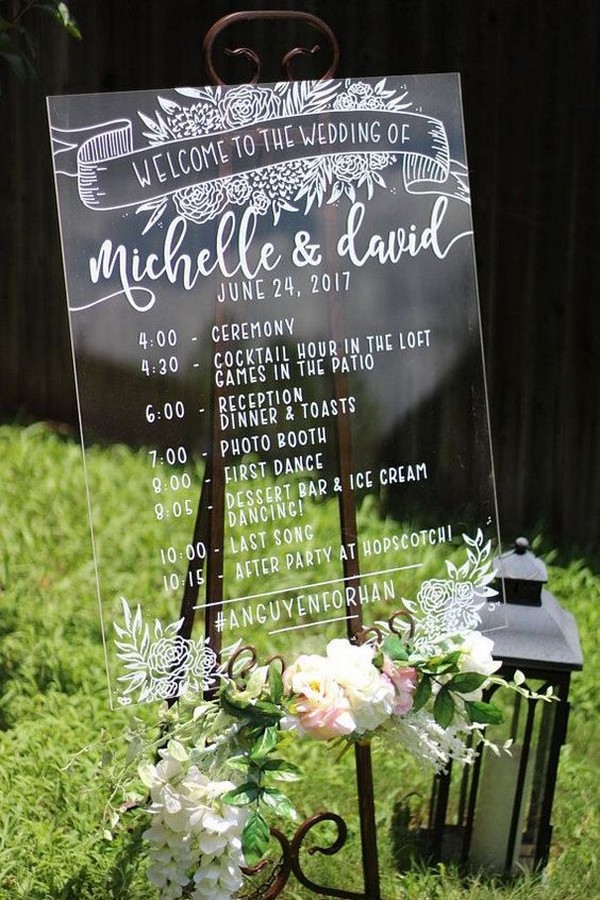 Adorable acrylic wedding welcome signage with wedding schedule