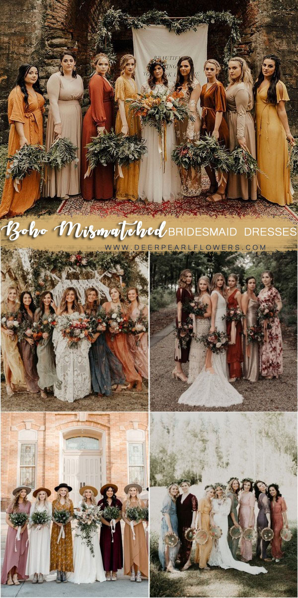 Boho mismatched bridesmaid dresses and gowns