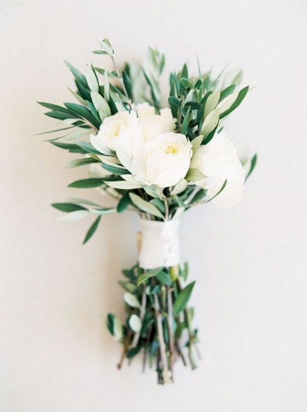 Greenery Olive Leaves and White Roses Wedding Bouquet