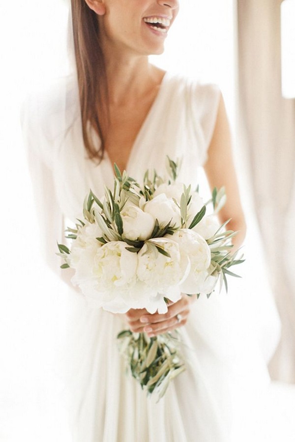 Greenery olive leaves and white hydranges wedding bouquet