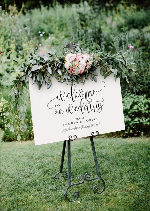 Top 16 Modern Minimalist Wedding Welcome Signs 9 Greenery seeded eucalyptus welcome wedding sign
