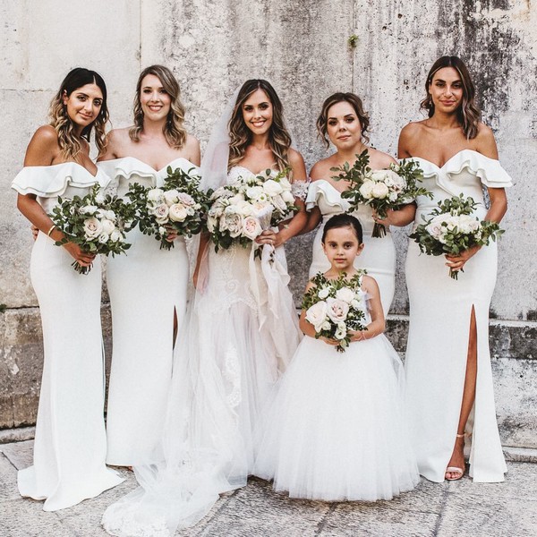 Ivory white off the shoulder mermaid bridesmaid dresses