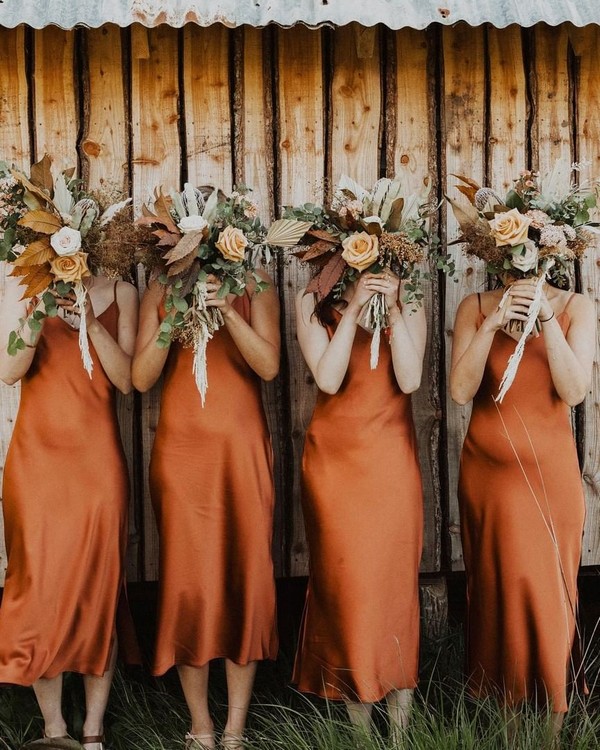 Rust dusty orange silk slip bridesmaid dresses