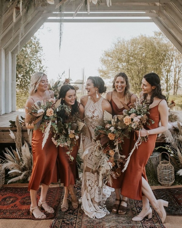 Rust dusty orange silk slip bridesmaid dresses