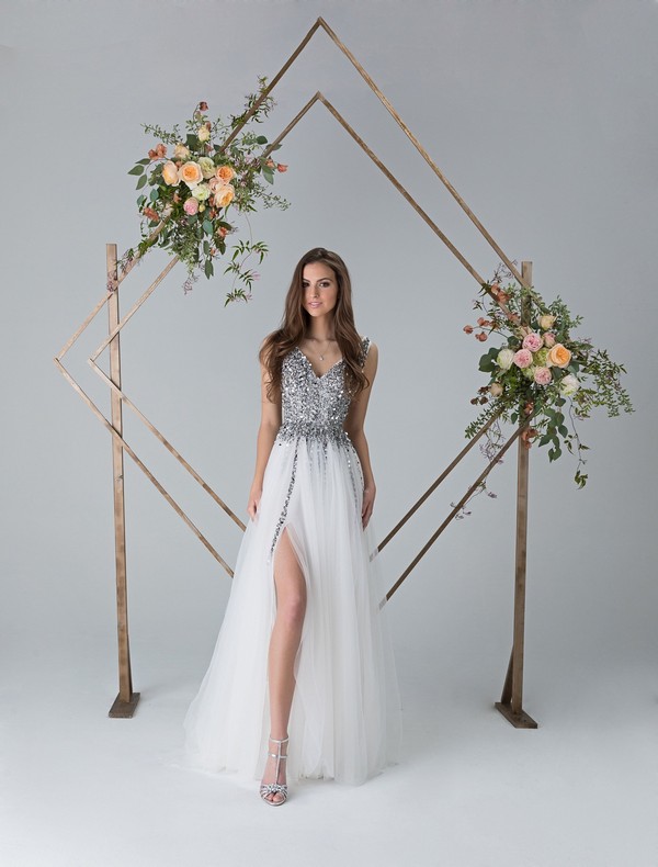 Sexy Lace Tulle Wedding Dress with V Front and Dual Strap Back Ivory Colored Tulle