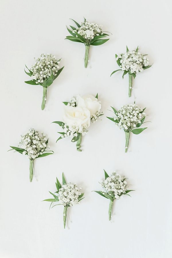 White baby's breath wedding boutonnieres for rustic wedding