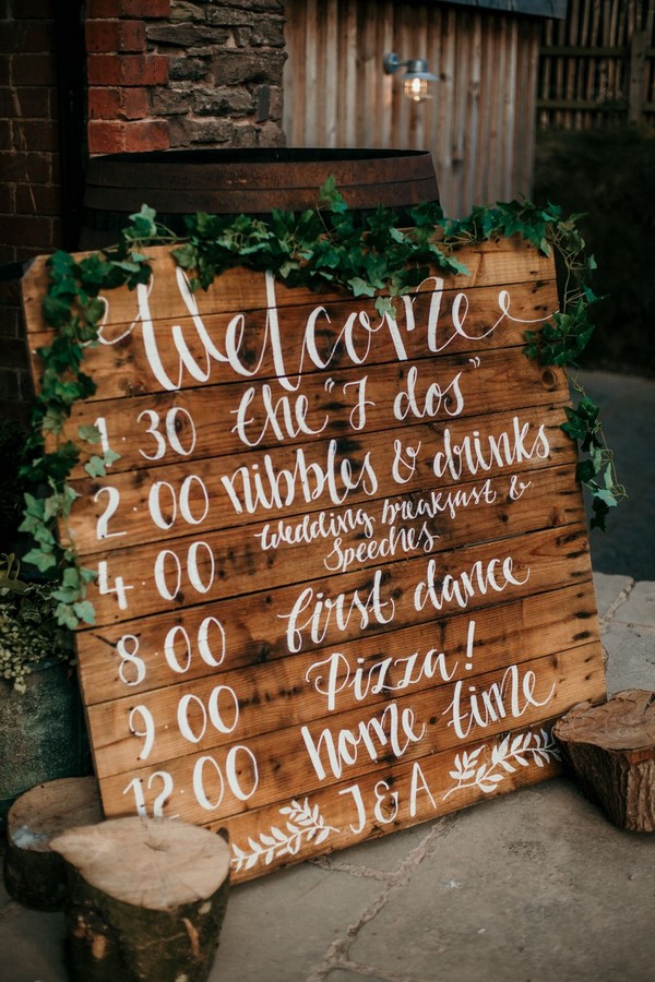Wooden Palette Order of the Day Sign with White Calligraphy & Greenery Garland