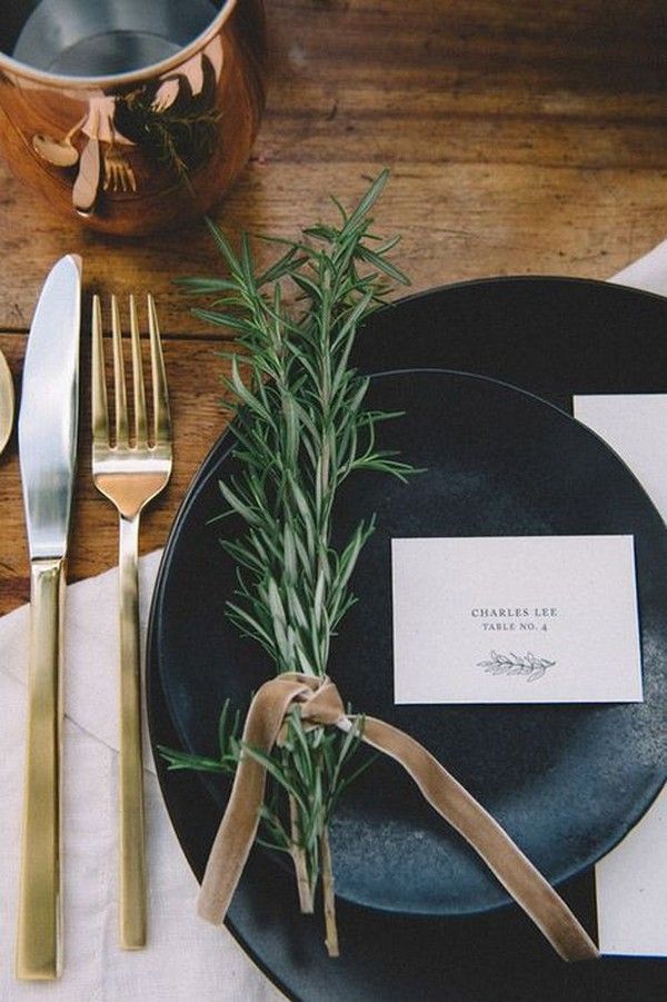 black greenery and copper wedding table setting ideas