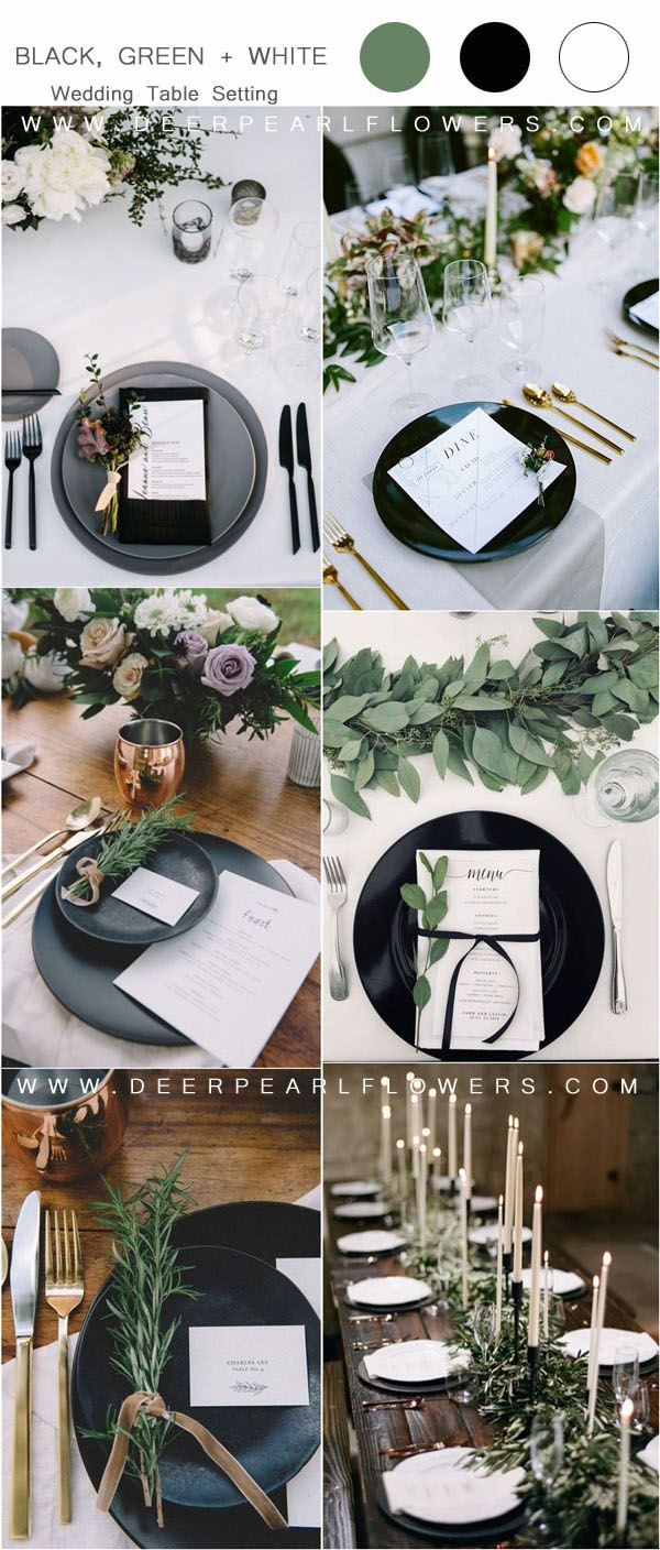 black greenery and white wedding table setting ideas