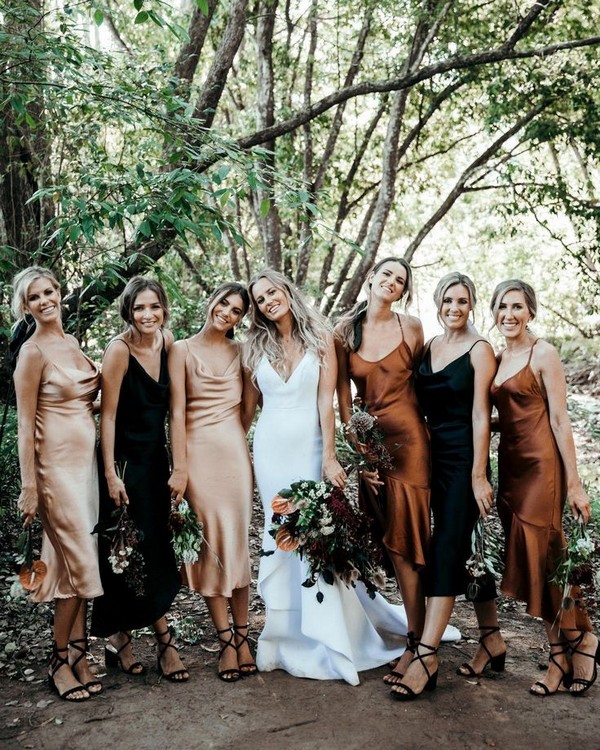 boho fall silk slip bridesmaid dresses