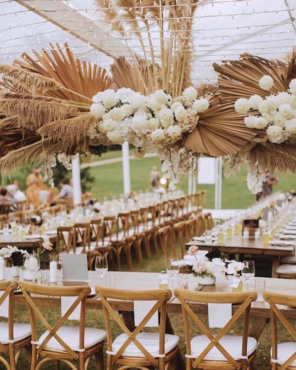 boho neutrals hanging tropical preserved leaves wedding centerpiece