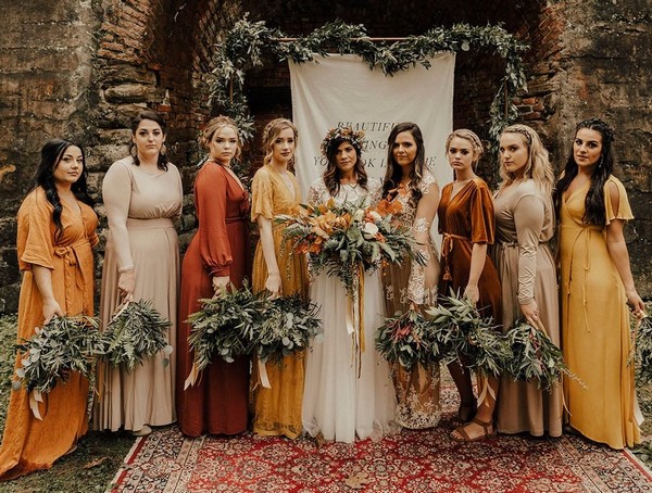 boho orange shades mismatched bridesmaid dresses