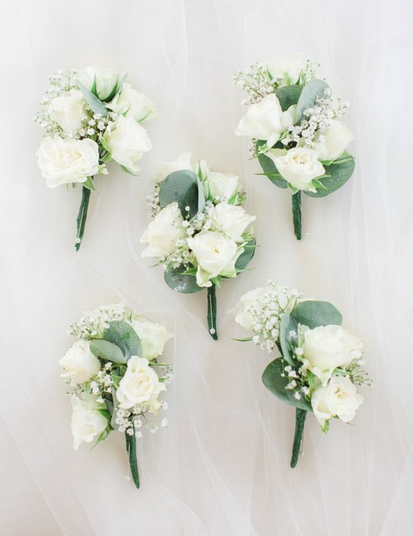 eucalyptus and white roses wedding boutonnieres