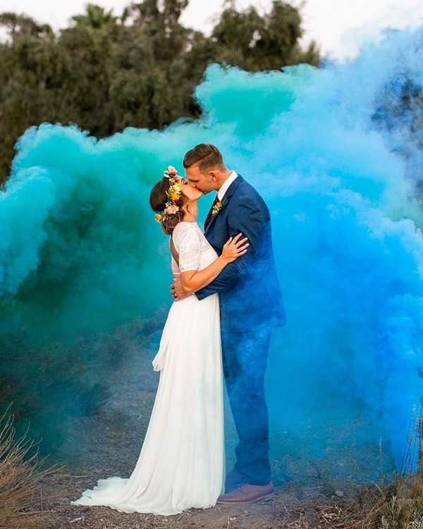 Top 6 Romantic Themed Wedding Photo Ideas for 2024 4 green and blue smoke bomb wedding photo ideas