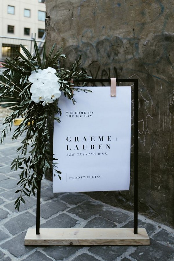 greenery and white minimalist wedding welcome sign
