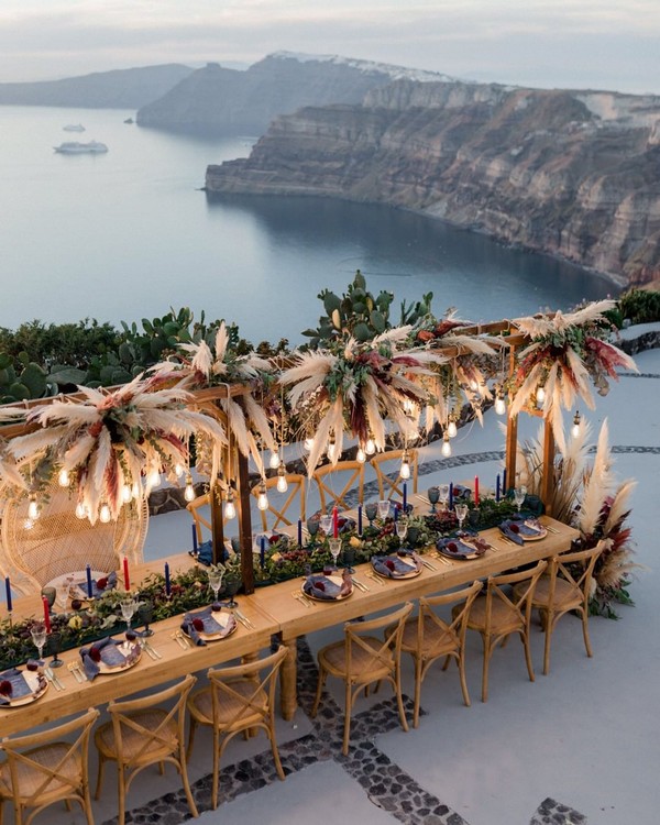 hanging pampas grass wedding table decor for cliffside intimate wedding