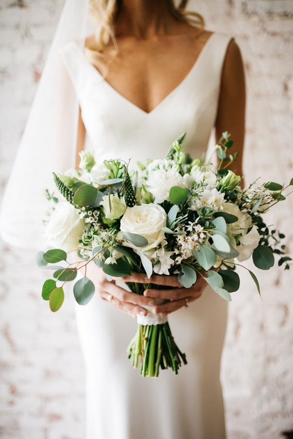 minimal greenery eucalyptus and white roses wedding bouquets