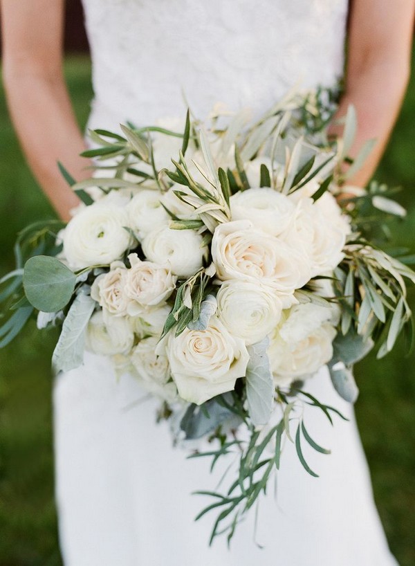 olive leaves eucalyptus and white roses wedding bouquets