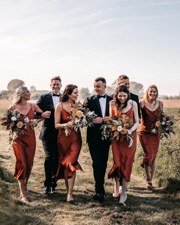 Top 10 Bridesmaid Dress Colors and Trends for 2025 6 Rust dusty orange silk slip bridesmaid dresses