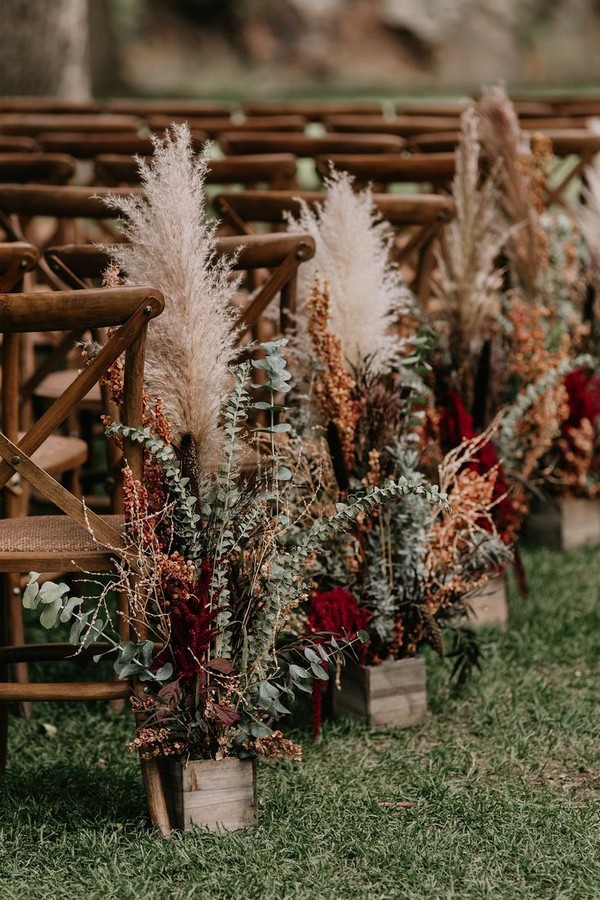 rustic fall pampas grass wedding aisle decor idea