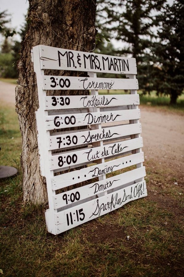 rustic white wooden pallet timeline wedding sign