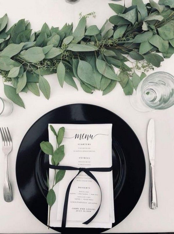 seeded greenery eucalyptus and black wedding table setting ideas