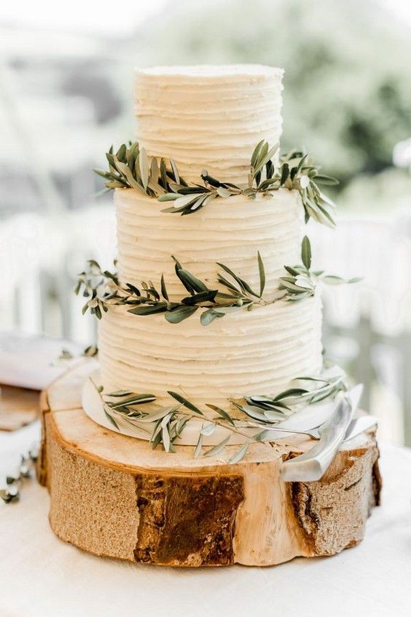 simple rustic wedding cake with olive leaves