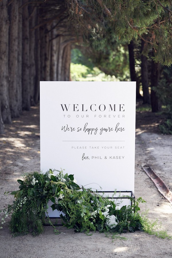simple white and greenery modern wedding sign board ideas