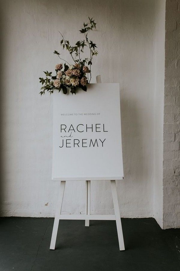 Top 16 Modern Minimalist Wedding Welcome Signs 8 white wedding welcome sign with floral detail