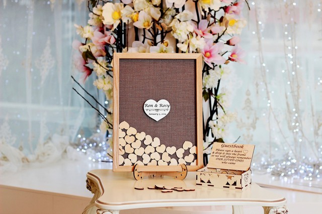 Drop box wedding guest book personalised with 100 heart and coloured background 