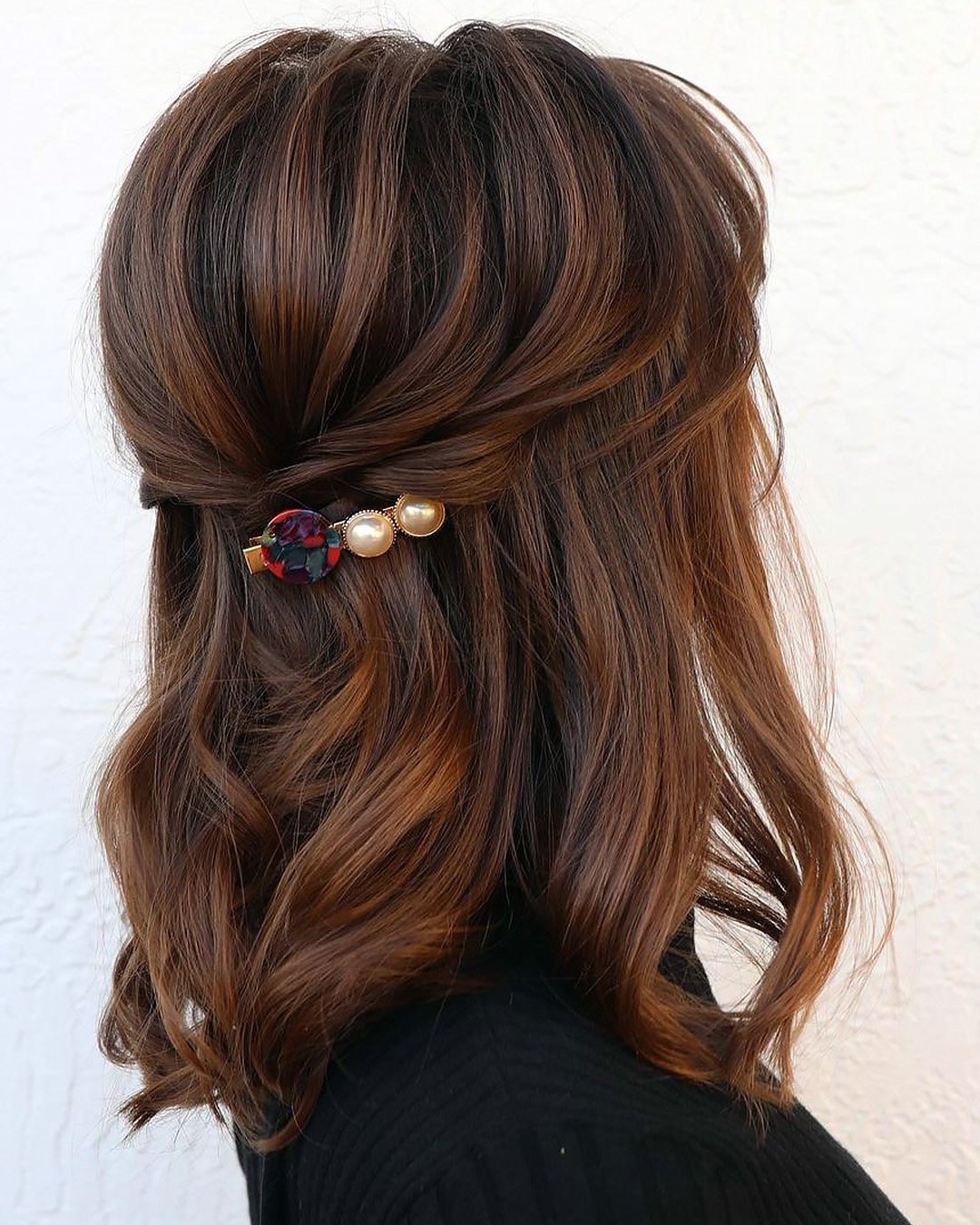 half up half down wedding guest hairstyles simple on brown long bob with pins vanessaospina