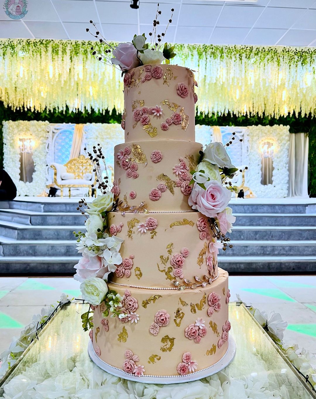 4 tier vintage gold and pink big wedding cake via khalidskakes