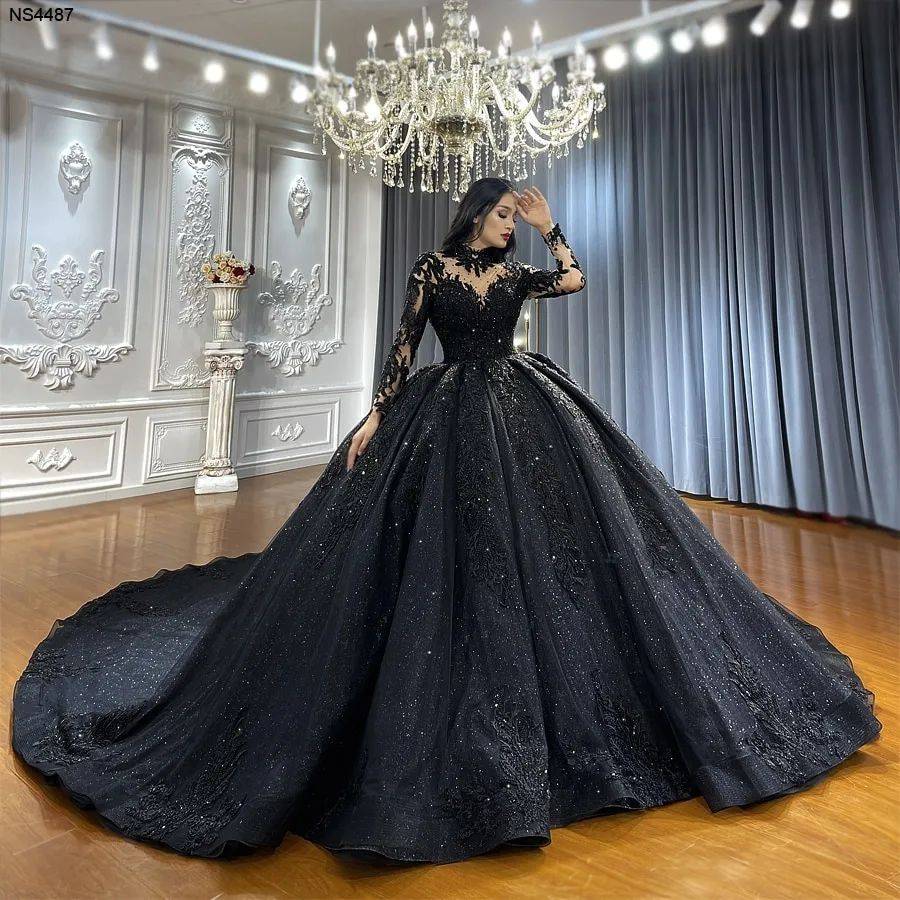 glitter black bridal dress ball gown with long sleeves