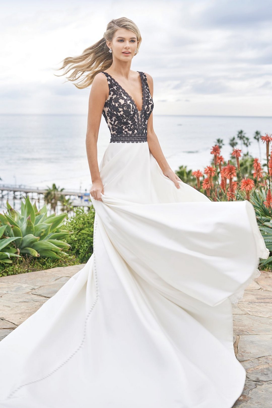 simple bohemian black lace and white stain wedding dress