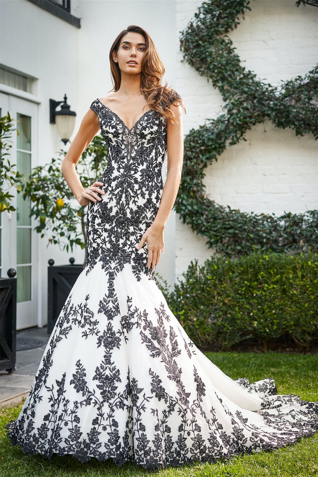 black and white off the shoulder mermaid wedding dress