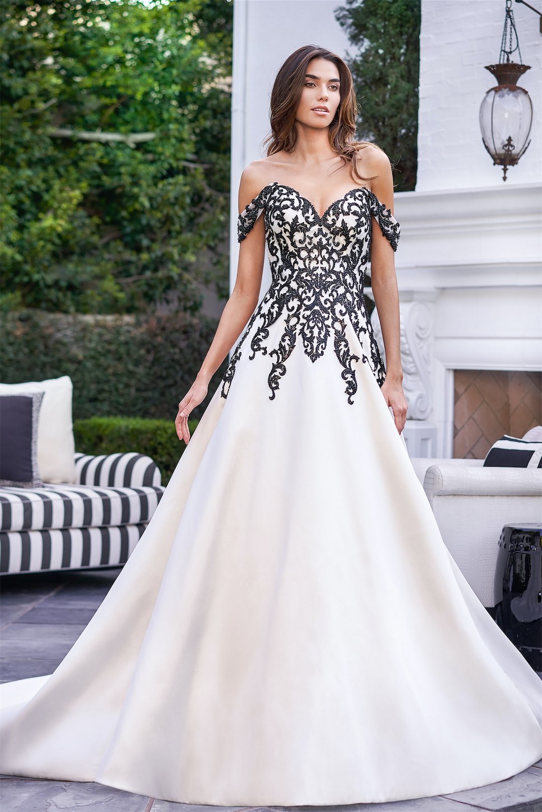 off the shoulder black and white a-line wedding dress