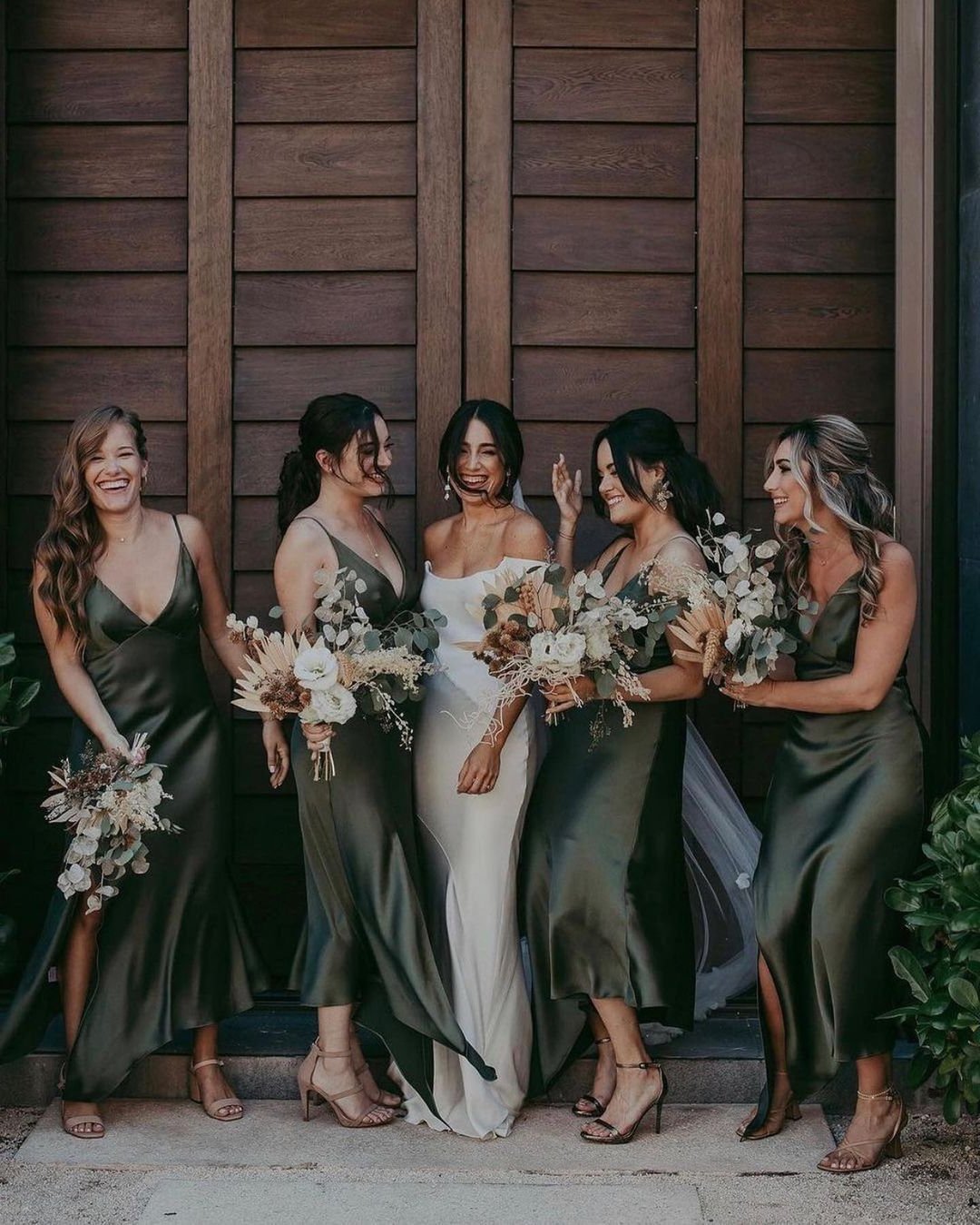 Olive green sation midi bridesmaid dresses