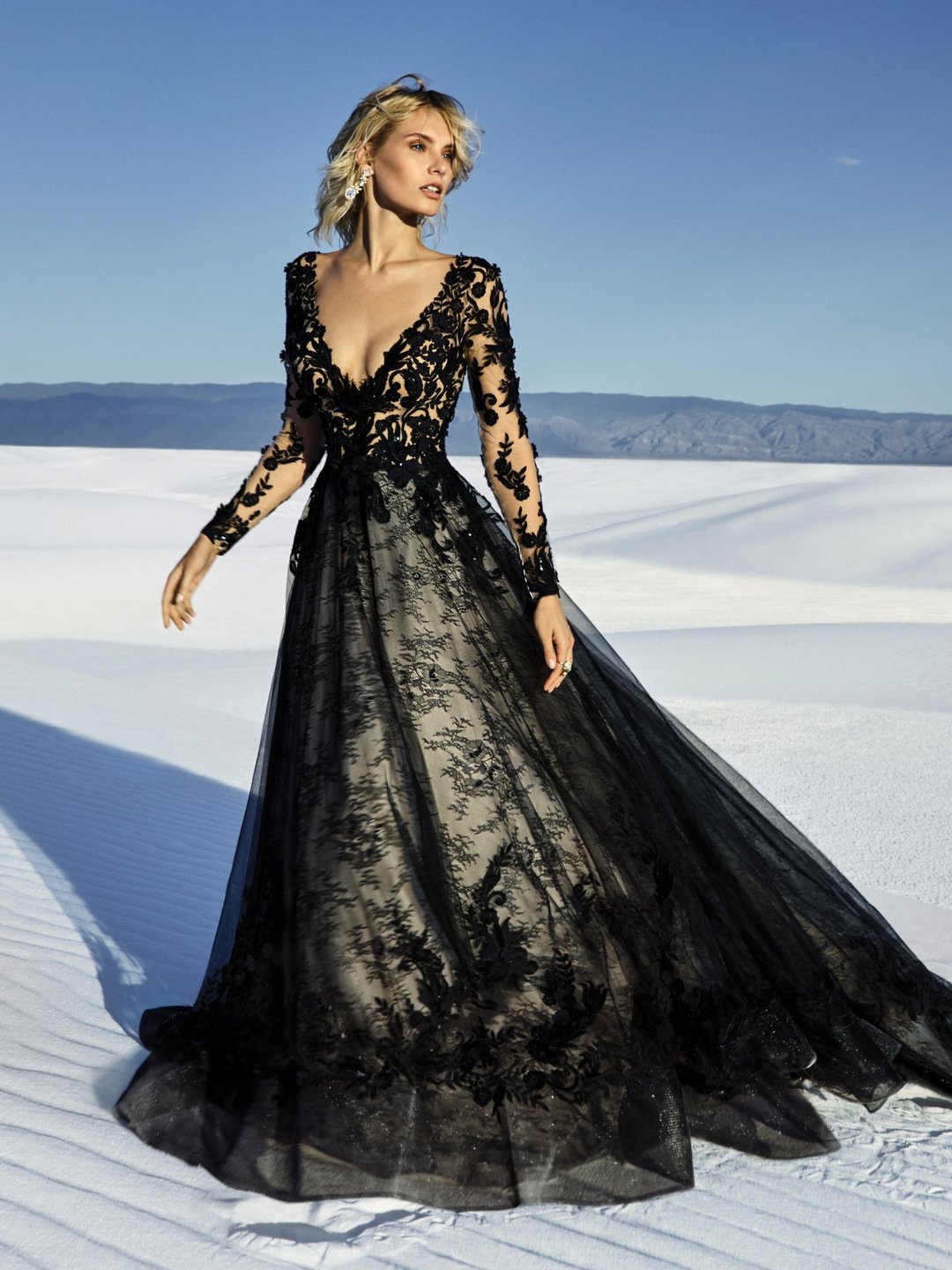 Deep V-neck Black Lace Wedding Dress with Long Sleeves